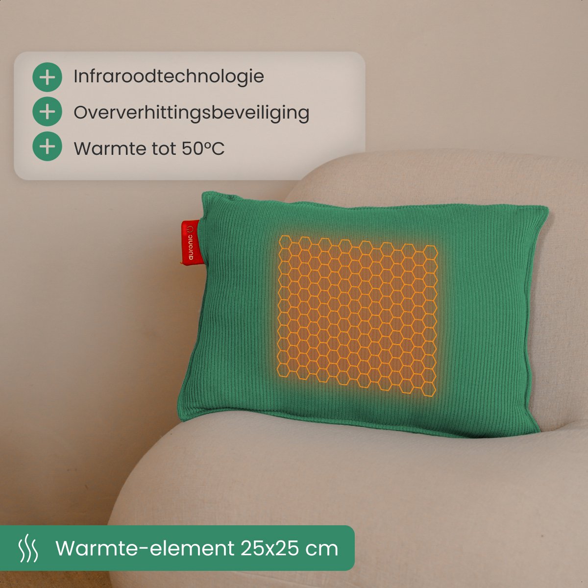 Auronic Wärmekissen - Gestrickt - 45x60 - Kabellos - Wiederaufladbar - Elektrisch - Infrarot - Pastellgrün