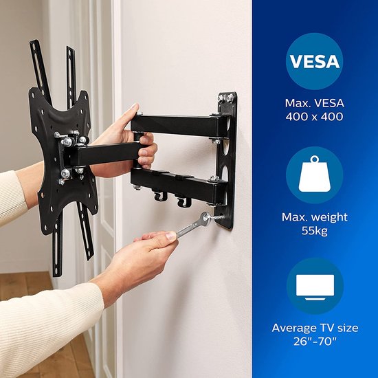 PHILIPS TV-Wandhalterung SQM9232/10 - TVs von 26" bis 70" - Max. 35 KG - LED, LCD, QLED, OLED, gebogene und flache TVs - TV-Kabelmanagement - VESA-Montagelöcher - Schwarz