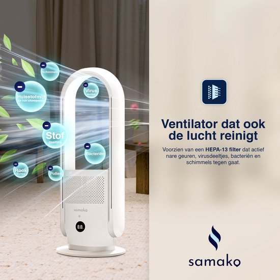Samako - 3-in-1 Luftreiniger, Ventilator & Heizung - 2000W - Hepa 13 Filter - Inklusive Fernbedienung und App - weiß