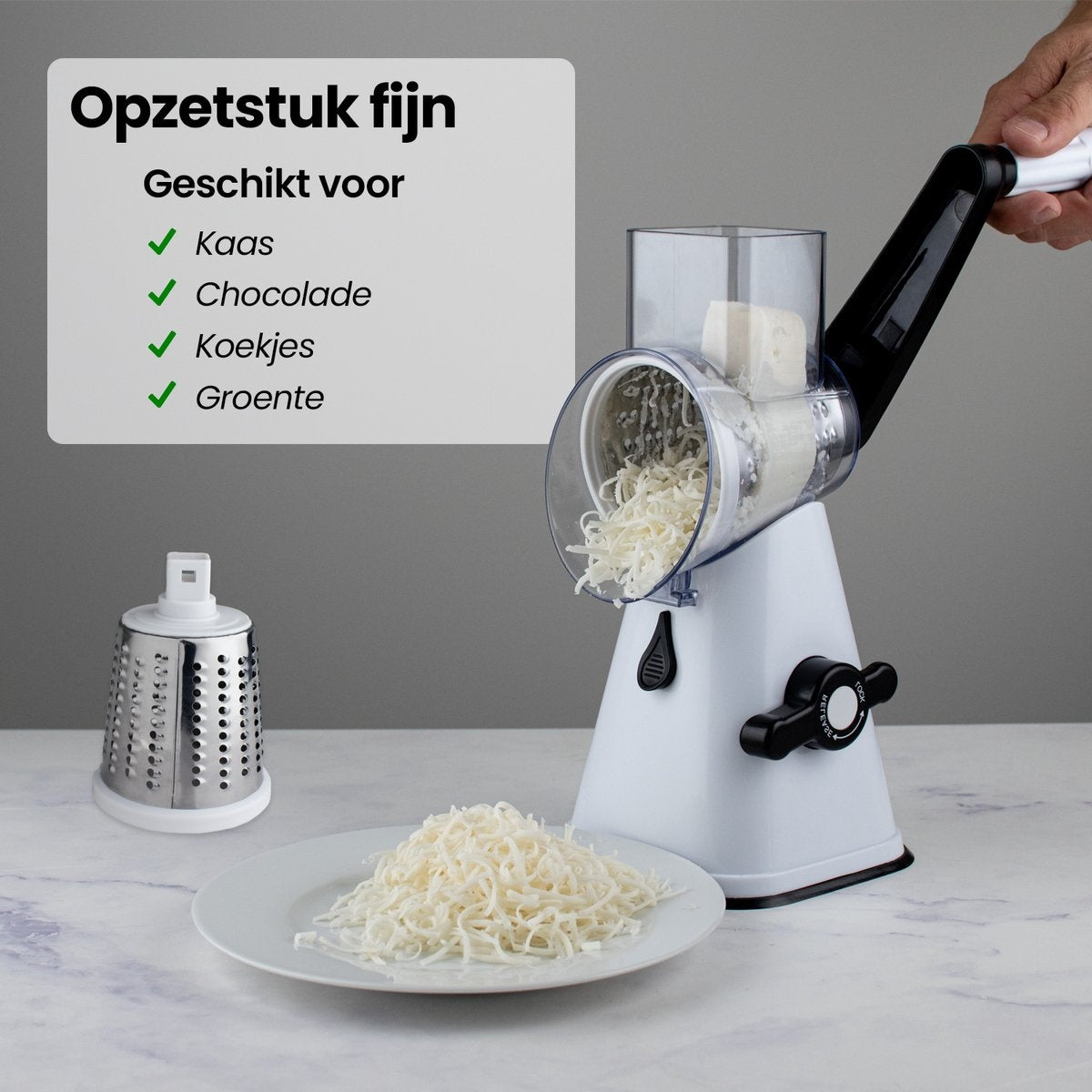 Nimma Trommelreibe - Inklusive 3 Aufsätzen und Spiralschneider - geeignet als Käsereibe und Reibe - Weiß