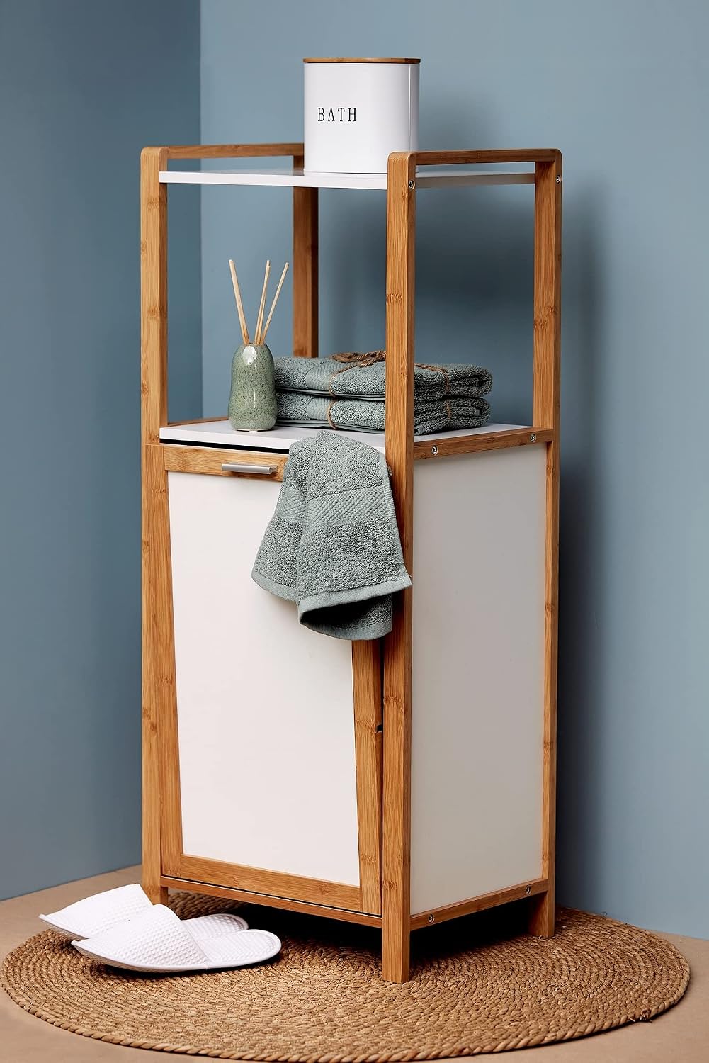 Wenko Finja Wäschekorb mit Ablage – Bambus/Weiß – 40 x 95 x 30 cm