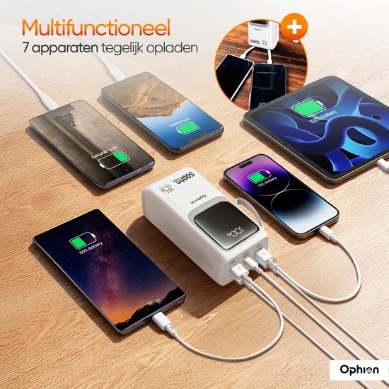 Ophion® Powerbank PRO 50.000 mAh – 7 Ladeanschlüsse – Quick Charge – Schnellladegerät mit 22,5 W für USB-C, USB-A, Micro-USB – inklusive Kabel – Notfall-Set – Weiß
