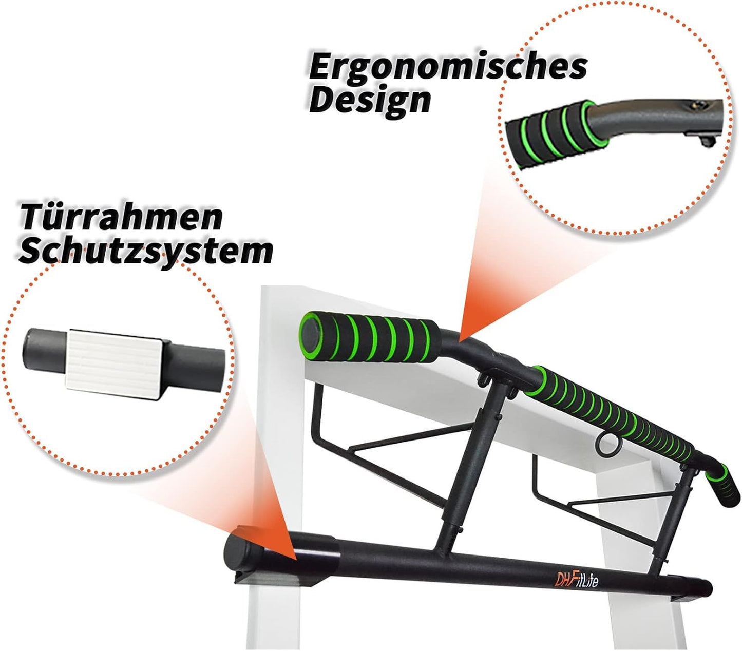 DH FitLife Klimmzugstange für die Tür – Schraubenlose Klimmzugstange mit Slingtrainer – Schwarz/Grün – 70–92 cm