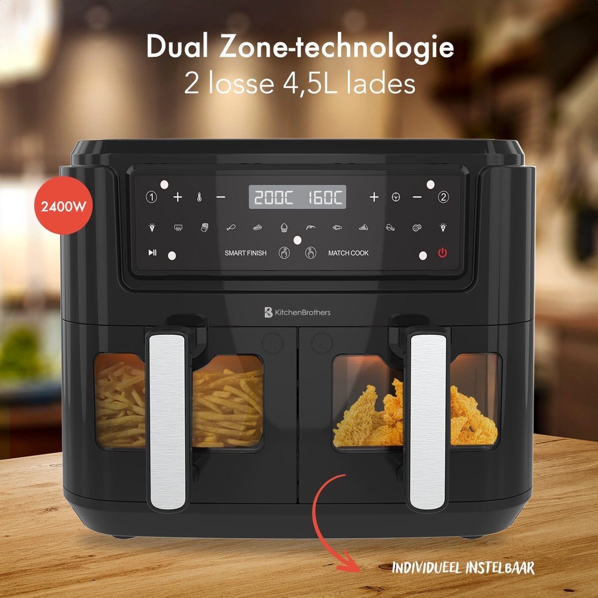 KitchenBrothers - Airfryer XXL - 9L - Heißluftfritteuse - 2 x 4.5L - 2400W - Schwarz