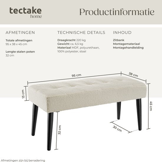 tectake® Gepolsterte Bank – 95 x 38 x 45 cm – Steppmuster – Belastbarkeit 220 kg – Sitzbank – Flurbank – Bank für Wohnzimmer, Schlafzimmer, Esszimmer – Bouclé, cremefarben