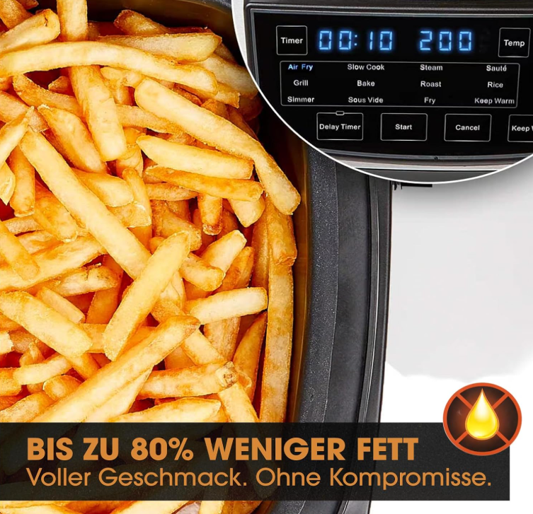 PowerXL Multi-Kocher 12-in-1 ohne Grillplatte – 5,7 l – 1200 W – Silber/Schwarz – Heißluftfritteuse und Slow Cooker