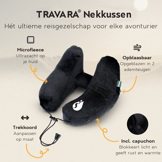 TRAVARA Aufblasbares Nackenkissen – The Airsnoozer – Reisekissen – Für Flugzeug und Auto – Mit Ohrstöpseln – Nackenkissen – Schwarz