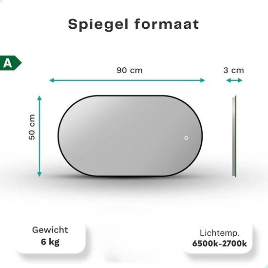 Mirlux Badezimmerspiegel mit LED-Beleuchtung & Heizung - Wandspiegel Oval - Anti-Kondensations-Duschspiegel - Schwarz - 90x50CM