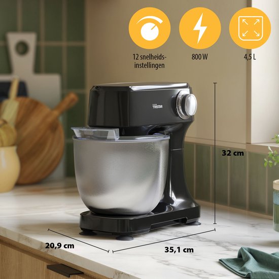 Tristar Küchenmaschine 800 W – Küchenroboter 4,5 l – Edelstahl-Rührschüssel – 12 Programme – Schwarz