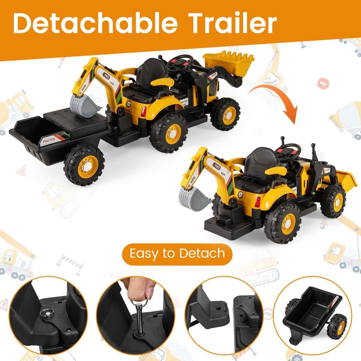 Coast Elektrischer Kindertraktor mit Anhänger – Bagger und Schaufel – Fernbedienung – Gelb