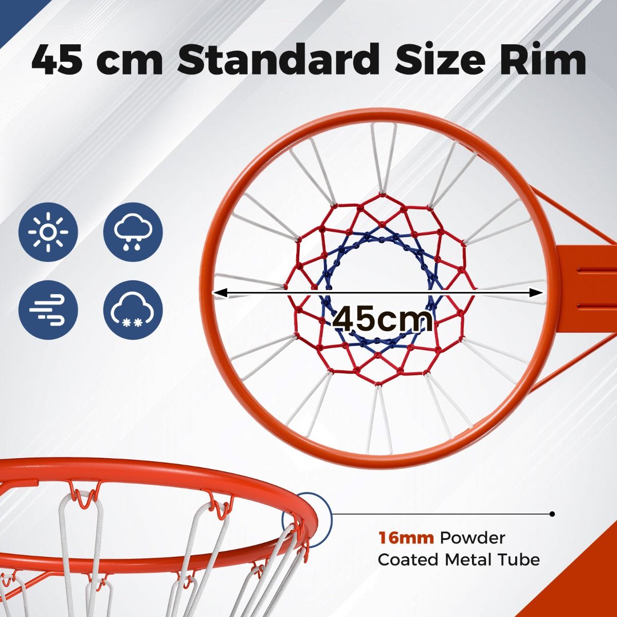 Coast Basketballkorb Ø 45 cm, orange – wetterfestes Netz – für Wand, Tür und Basketballmast