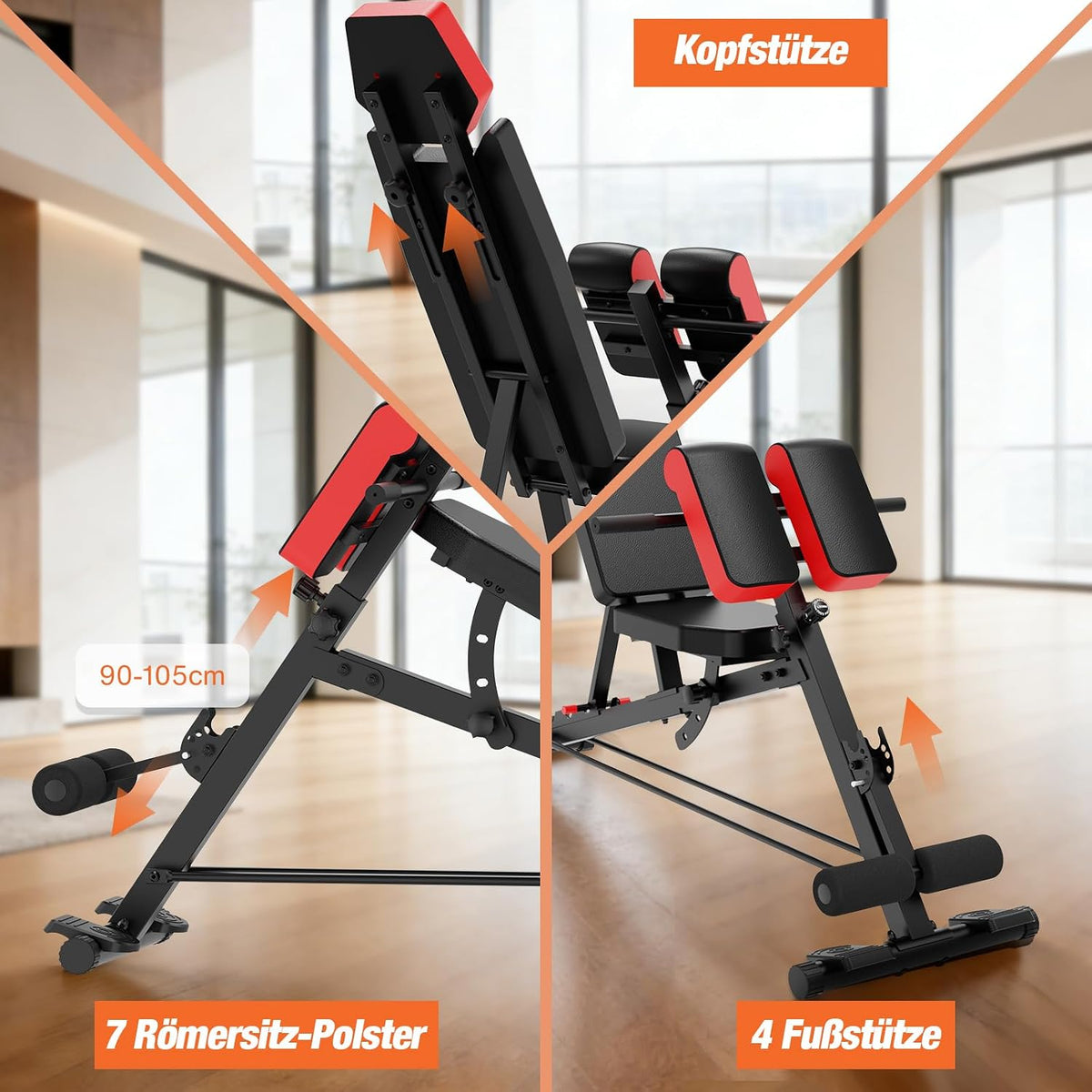 DH FitLife 6-in-1-Hantelbank – Verstellbare Rückenlehne – Hyperextension & Nordic Curl – Bis zu 350 kg – 163 x 50 x 130 cm – Schwarz