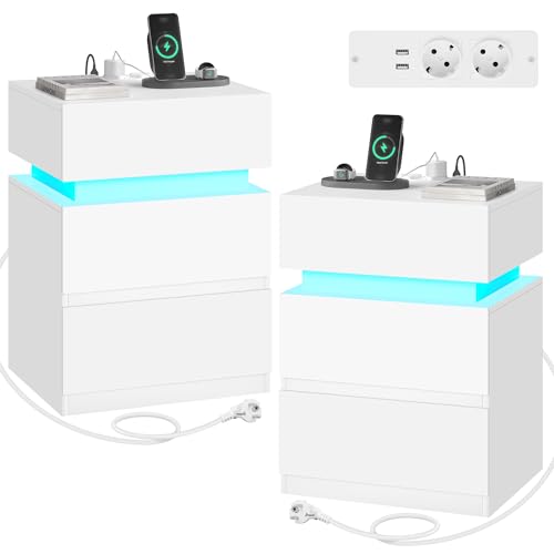 Woltu Nachttisch mit Steckdose und LED-Beleuchtung - Weiß - 40 x 35 x 55 cm - 2 Schubladen und 1 Ablagefach - Modern und multifunktional