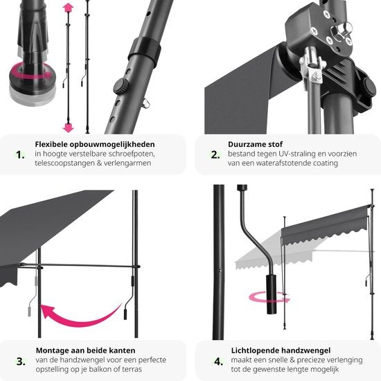 tectake - Klemmmarkise - Sonnenschirm - Markise - Verstellbar - 250 x 120 cm - schwarz grau
