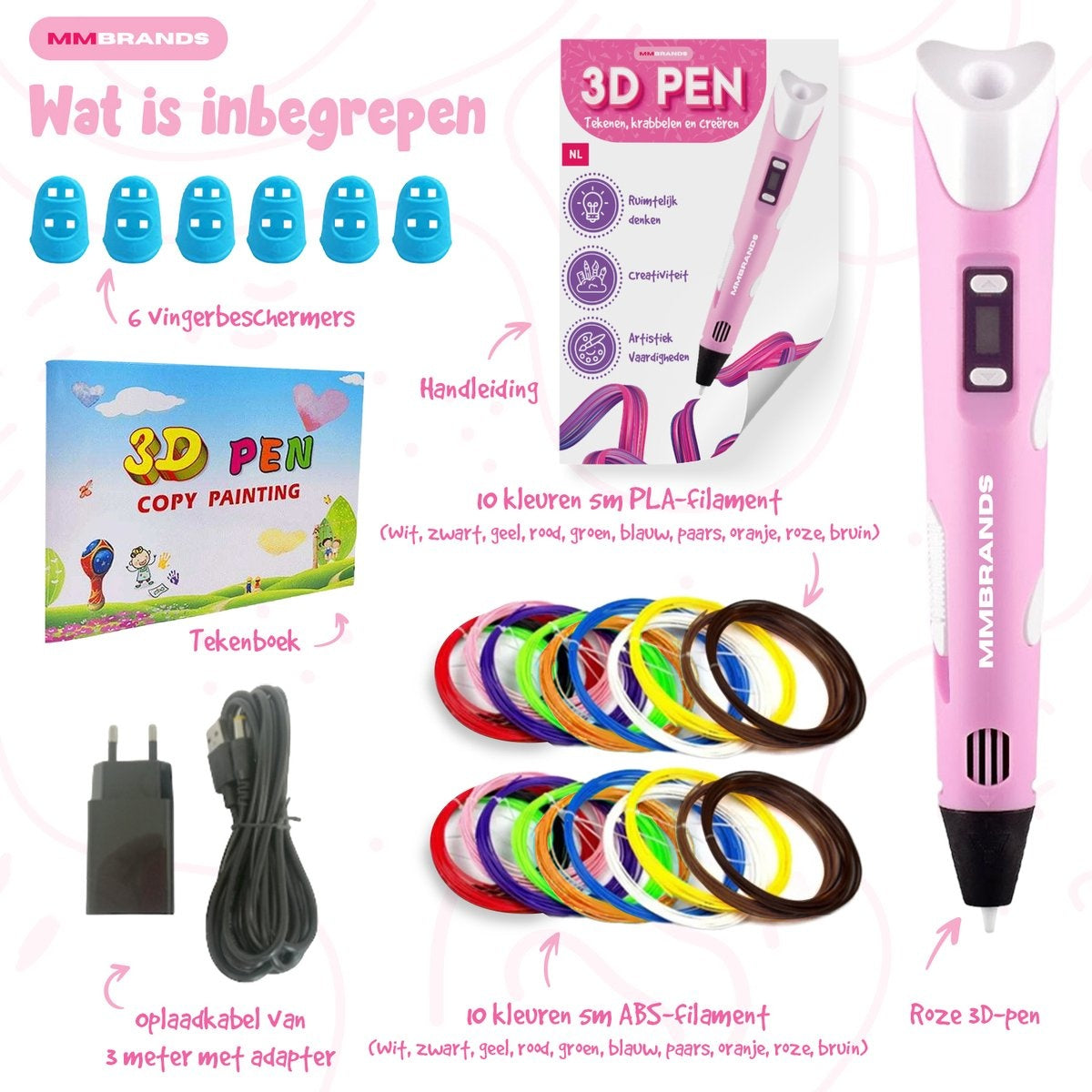 MM Brands 3D-Stift - 3 Meter lange Ladekabel - Rosa