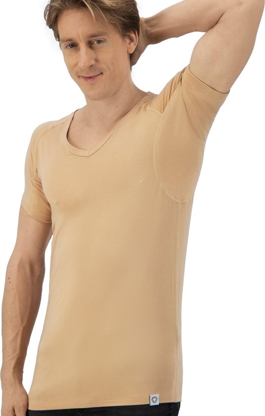 Anti Sweat Shirt - Fibershirts® - Eingenähte Achselpads - Unterhemd - beige - V-Ausschnitt - Herren - Größe M