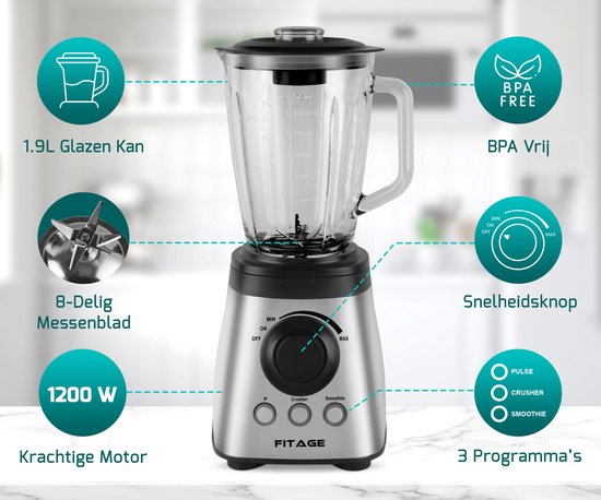 FITAGE Blender - Küchenmixer - 1200W und 1.9L Krug - Smoothie Maker - Mixer für unterwegs