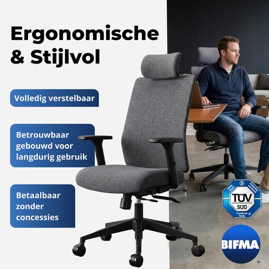 Backerz Ergonomischer Bürostuhl – Bürostühle für Erwachsene bis 160 kg – Stoff-Bürostuhl – NEN-EN1335