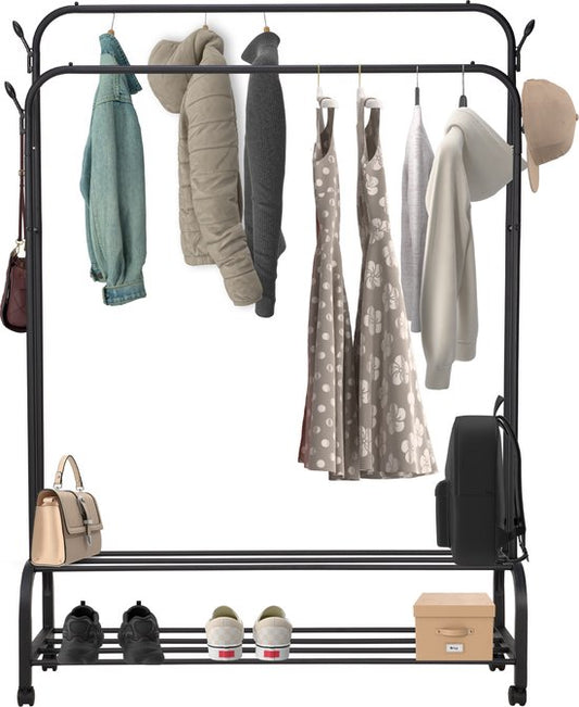Brixy Kleiderständer - Kleiderständer doppelt - Garderobenständer auf Rädern - Kleiderständer mit Schuhregal - 98 x 34 x 159 cm - Schwarz