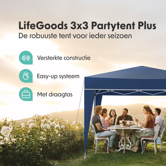 LifeGoods Party Tent Plus - Faltzelt - 3x3 m - Easy Up - Verstärkter Rahmen - Wasserdicht - Tragetasche - Blau