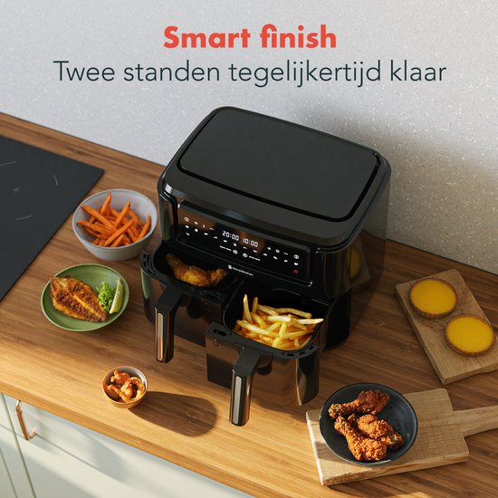 KitchenBrothers Airfryer XXL Dual Zone - 9L - 2400W - Heißluftfritteuse - Doppelter Korb - 50ºC bis 200ºC - 10 Kochprogramme - Schwarz