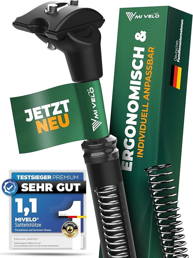 MIVELO Federsattelstütze - Einstellbar - 40 mm Federweg - Max. 120 kg - 31.6 mm - Schwarz