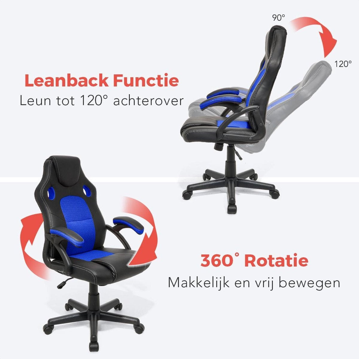 LifeGoods Gaming Stuhl - Einstellbar - Gaming Stuhl - Kunstleder - Blau/Schwarz