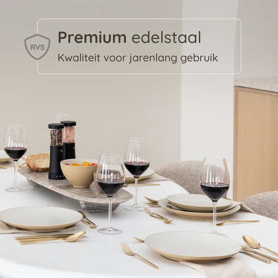 Deleca 6 Personen Luxus-Edelstahl-Besteck-Set Amor (36 Teile) - Löffel, Messer, Gabeln, Steakmesser & Kuchengabeln - spülmaschinenfest - Gold-Design-Besteck - 18/0 Edelstahl