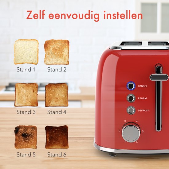 KitchenBrothers Toaster mit Toasty Clamps - Toaster - 6 Wärmestufen - Breite Schlitze - Toaster - 870W - Rot
