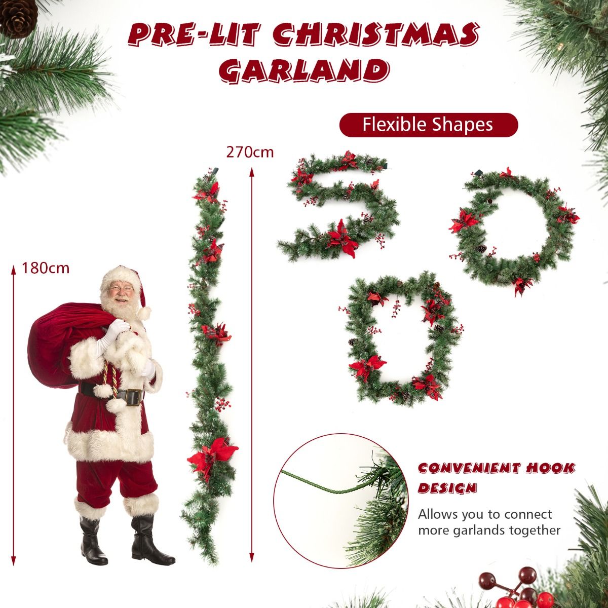 Coast Weihnachtsgirlande mit Lichtern 270 cm - Warmweiß - Grün Rot - Innen und Außen