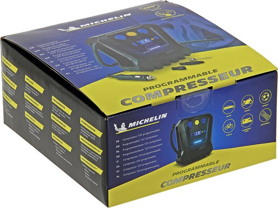 Michelin Compressor Luftpumpe 12 V – Einstellbarer Luftdruck (0,05–7 bar) – Mit USB-Anschluss – Elektrische Luftpumpe – Fahrrad/Auto/Motorrad/Ball/Luftmatratze – Mit verschiedenen Düsen