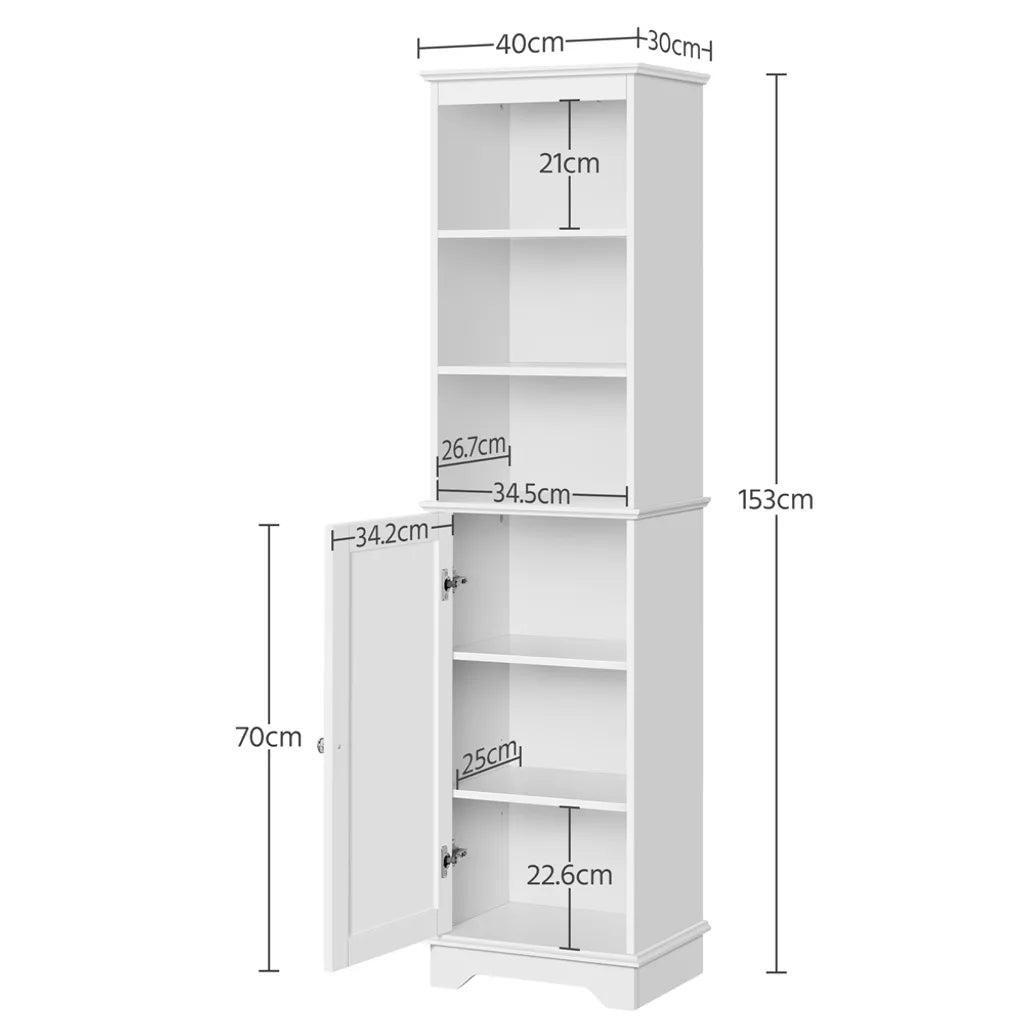 Yaheetech Badezimmerschrank 40 x 30 x 153 cm – Weiß – Hoher Aufbewahrungsschrank mit 3 offenen Regalböden und verstellbarem Einlegeboden