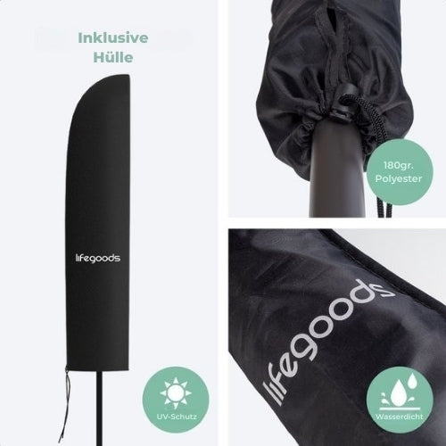 LifeGoods - Schwebender Sonnenschirm - bis zu 8 Personen - ⌀300cm - Wasserdicht - mit Abdeckung und Kreuzfuß - Garten oder Strand - Dunkelgrau