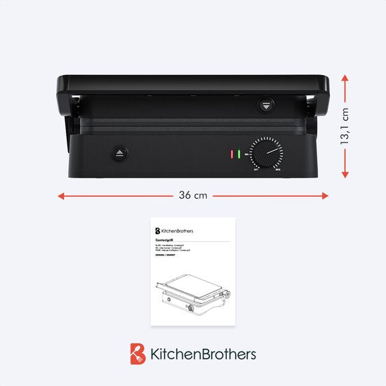 KitchenBrothers Kontaktgrill - Grillgerät - Abnehmbare Grillplatten - Panini Grill - 3 Höheneinstellungen - Toasti Eisen - 2000W - Schwarz