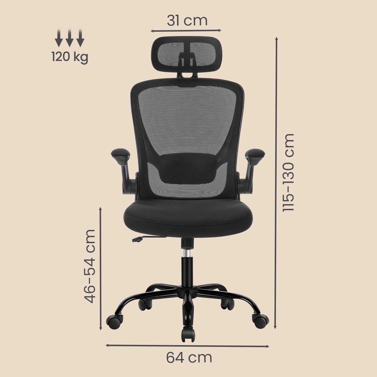 Joyfurnos Ergonomischer Bürostuhl aus Netzgewebe – Verstellbare Lendenwirbelstütze und Kopfstütze – Neigungsfunktion – 64 x 64 x 115–130 cm – Tiefschwarz