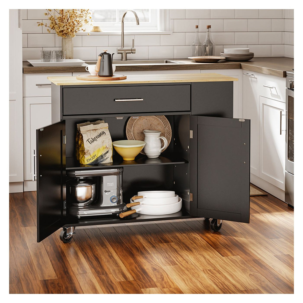 SoBuy Küchenwagen 99 x 40 x 84,3 cm – Schwarz – 2 Türen – Schublade – 4 Rollen