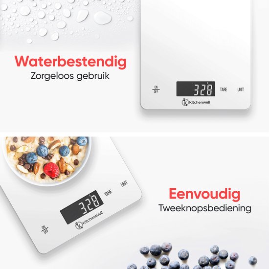 Kitchenwell Digitale Präzisionsküchenwaage - Küchenwaage - 1gr - 15kg - Tara-Funktion - USB wiederaufladbar - Weiß
