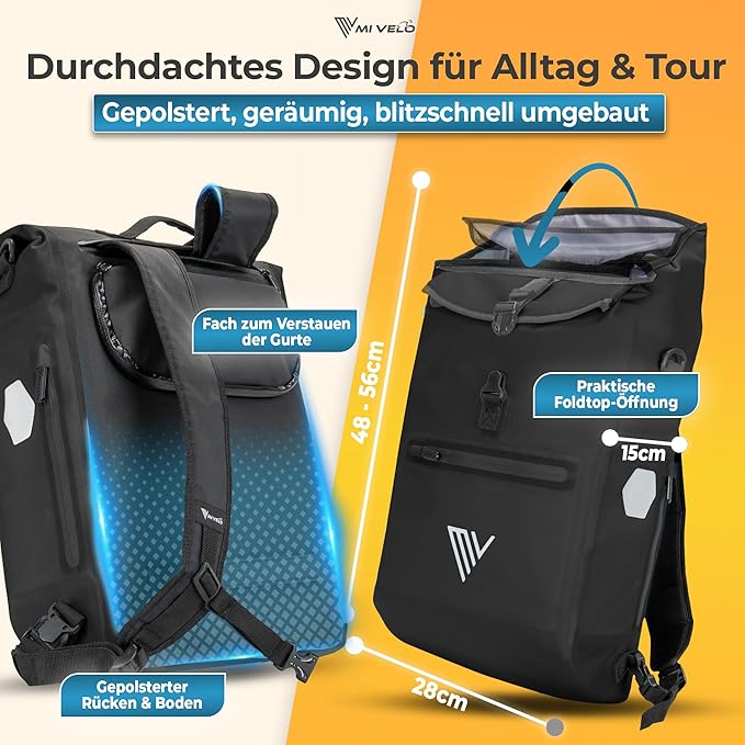 MIVELO Gepäckträgertasche - 3-in-1 - Rucksack - Gepäckträgertasche - Wasserdicht - Laptopfach - 20L