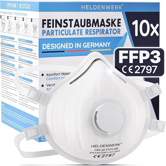 Heldenwerk FFP3-Staubmaske mit Ventil – 10er-Pack – Feinstaubmaske mit verstellbarem Kopfband