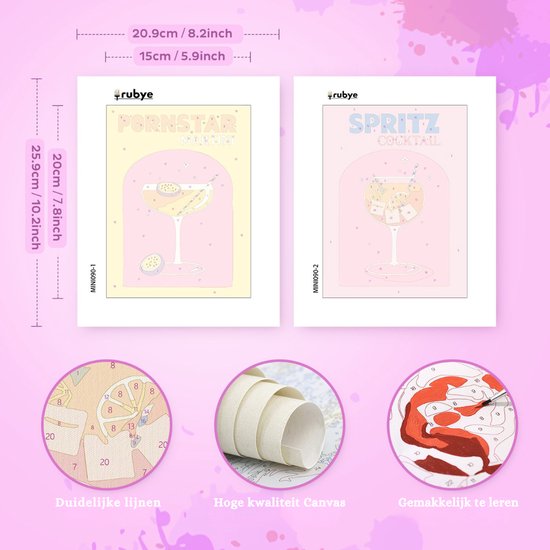 Rubye® Mini Malen nach Zahlen - 2 Stück - Erwachsene - Malen nach Zahlen Kinder - Set - Cocktails - 15x20cm