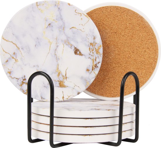 Castagnola Keramik Untersetzer mit Halter - Untersetzer für Gläser - Untersetzer Design - Untersetzer Set - Untersetzer zum Trinken - Keramik - Kork - 6er Set - Weiß/Gold