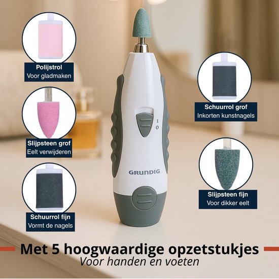 Grundig Elektrisches 5-in-1-Maniküre-Set – Maniküre-Set für Hände und Füße – Elektrische Pediküregeräte mit 5 Aufsätzen – Kompaktes Set für zu Hause und auf Reisen