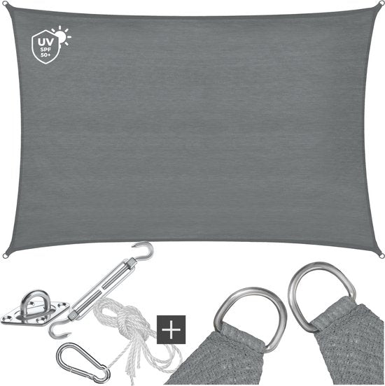 tectake® Rechteckiges Schattentuch Sunny - 5 x 7 m - Extra stabiles 185 g/m² HDPE-Sonnenschutztuch - 50+ UV-Schutz - wetterfest und reißfest - Sonnenschirm für Garten, Balkon, Terrasse - Sonnenschirm inklusive Befestigungsmaterial - Grau