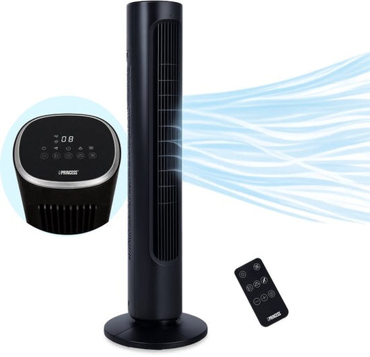 Princess DC Turmventilator 101 cm – Besonders leise – 12 Geschwindigkeitsstufen – Schwenkfunktion – Timer 1–8 Stunden – Mit Fernbedienung – Standventilator – 50 W – Schwarz – 352390