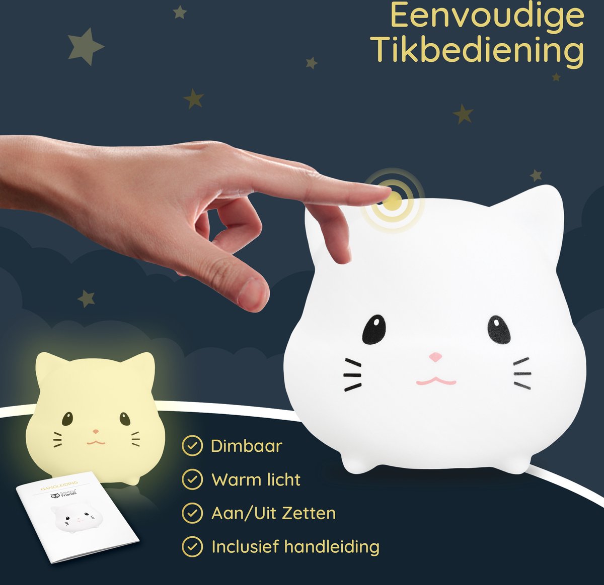 Sleepy Friends Premium Katzen-Nachtlicht Kinderzimmer - USB aufladbar, dimmbar, weich & sicher - 95 x 97 x 100 mm - Grau