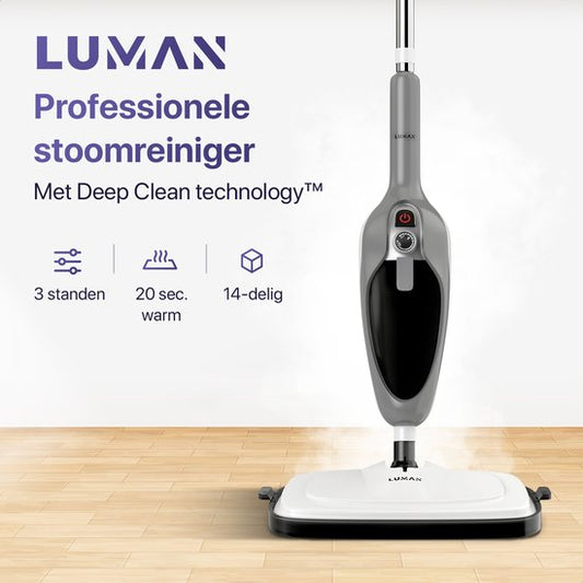 LUMAN 12 in 1 Dampfreiniger UND Händetrockner - Teppichreiniger - Fleckenreiniger - Mit 10 Aufsätzen und 3 Mikrofasertüchern - Reinigt Boden, Sofa, Bad und Teppich - Grau