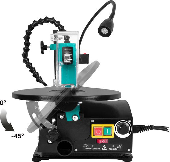 VONROC Figurensäge 120W - inkl. Fußpedal - LED-Arbeitsleuchte - Flexibles Staubgebläse - Inkl. 6 Sägeblätter