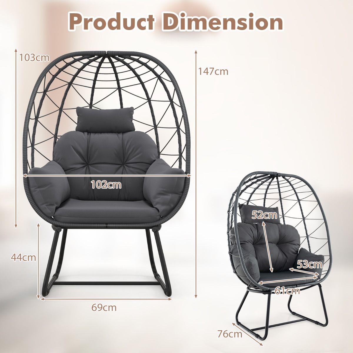 Coast Rotan-Lounge-Sessel – übergroße Eiform – abnehmbares Kissen – grau