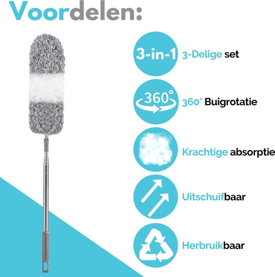 VAIVE Kehrschaufel ausziehbar auf 280 cm - Wutkugel mit Teleskopstiel - Staubwedel - Staubtuch - waschbar und drehbar - 3 Aufsätze