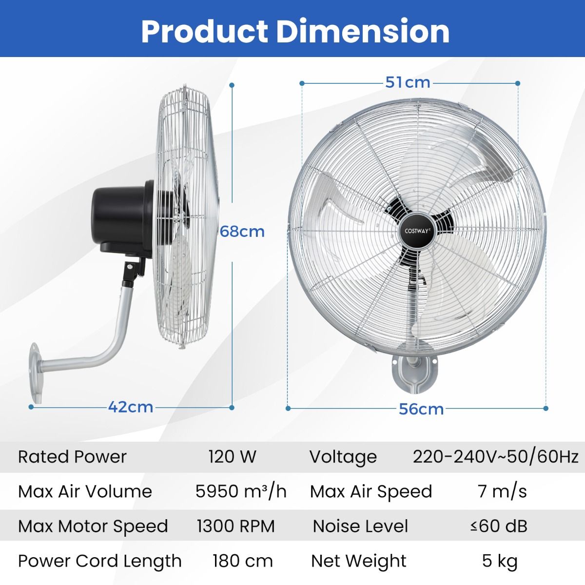 Coast Industrial Wandventilator Ø 56 cm - Silber - 3 Geschwindigkeiten, 85° Oszillation, 30° Kippung